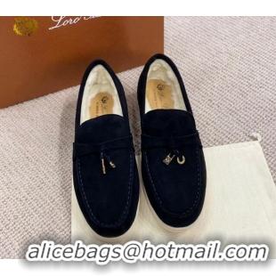 Good Looking Loro Piana Summer Charm Loafers in Suede with Wool Lining Black 1230003