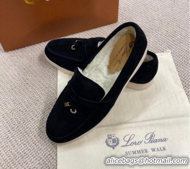 Good Looking Loro Piana Summer Charm Loafers in Suede with Wool Lining Black 1230003