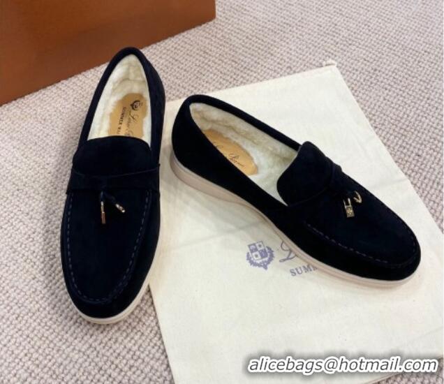 Good Looking Loro Piana Summer Charm Loafers in Suede with Wool Lining Black 1230003