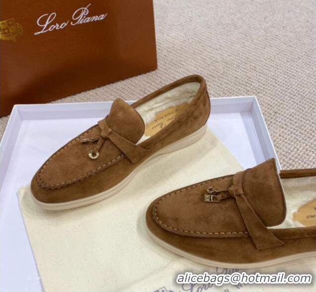 Charming Loro Piana Summer Charm Loafers in Suede with Wool Lining Brown 1230005