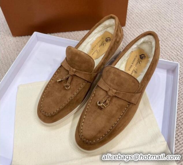 Charming Loro Piana Summer Charm Loafers in Suede with Wool Lining Brown 1230005