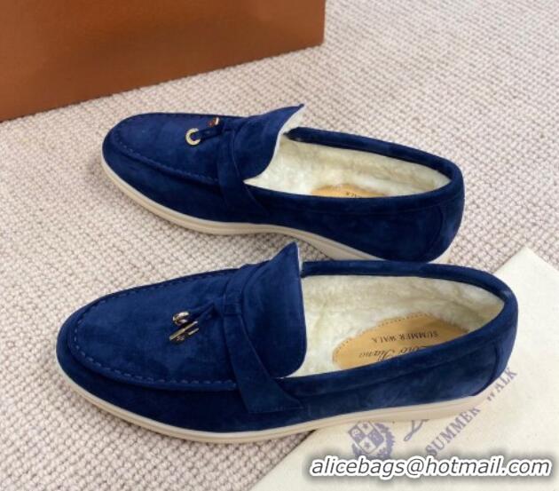 Good Product Loro Piana Summer Charm Loafers in Suede with Wool Lining Deep Blue 1230008