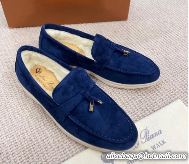 Good Product Loro Piana Summer Charm Loafers in Suede with Wool Lining Deep Blue 1230008