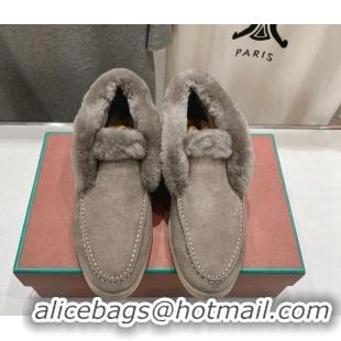 Sophisticated Loro Piana High-top Loafers in Suede and Wool Fur Grey 1230014