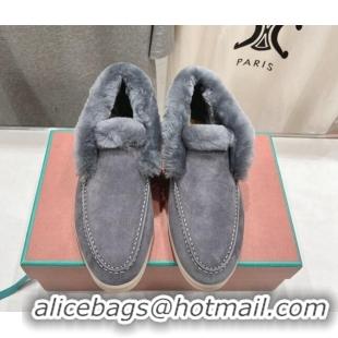 Charming Loro Piana High-top Loafers in Suede and Wool Fur Dark Grey 1230017