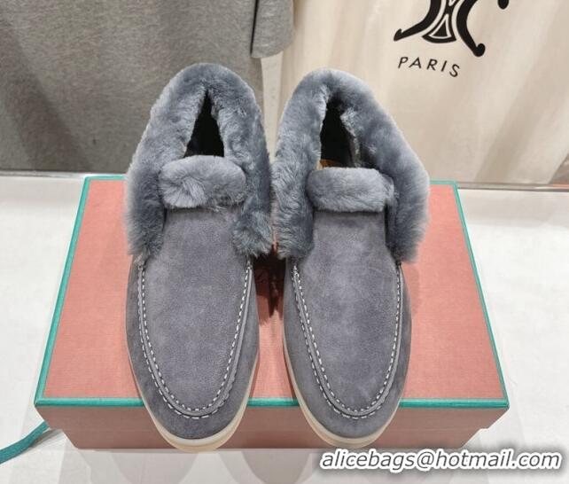 Charming Loro Piana High-top Loafers in Suede and Wool Fur Dark Grey 1230017