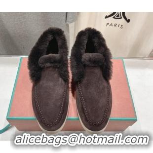 Grade Quality Loro Piana High-top Loafers in Suede and Wool Fur Dark Brown 1230018