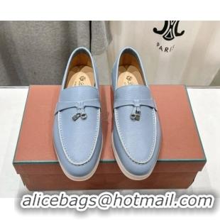 Luxury Discount Loro Piana Summer Charm Loafers in Grained Leather Light Blue 1230022