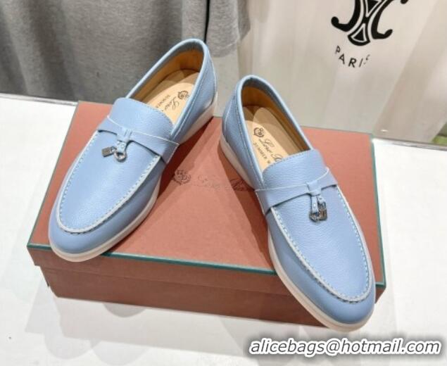 Luxury Discount Loro Piana Summer Charm Loafers in Grained Leather Light Blue 1230022