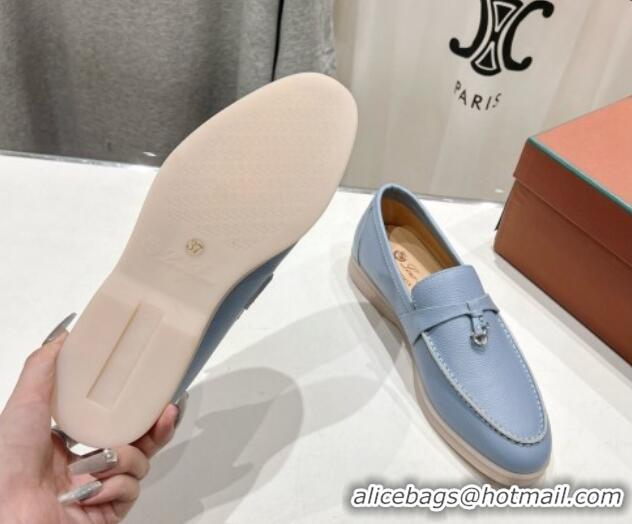 Luxury Discount Loro Piana Summer Charm Loafers in Grained Leather Light Blue 1230022