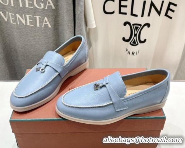 Luxury Discount Loro Piana Summer Charm Loafers in Grained Leather Light Blue 1230022