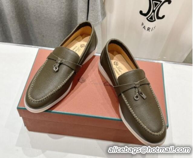 Unique Style Loro Piana Summer Charm Loafers in Grained Leather Dark Green 1230024