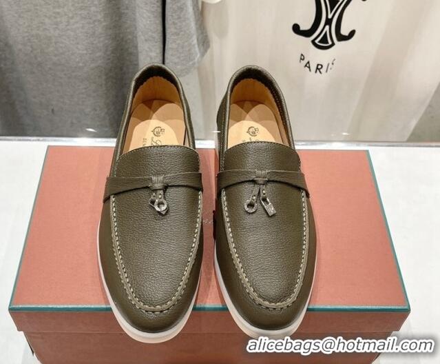 Unique Style Loro Piana Summer Charm Loafers in Grained Leather Dark Green 1230024