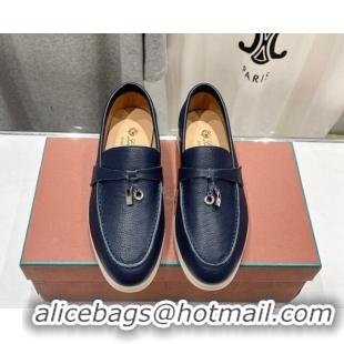 Classic Hot Loro Piana Summer Charm Loafers in Grained Leather Dark Blue 1230033