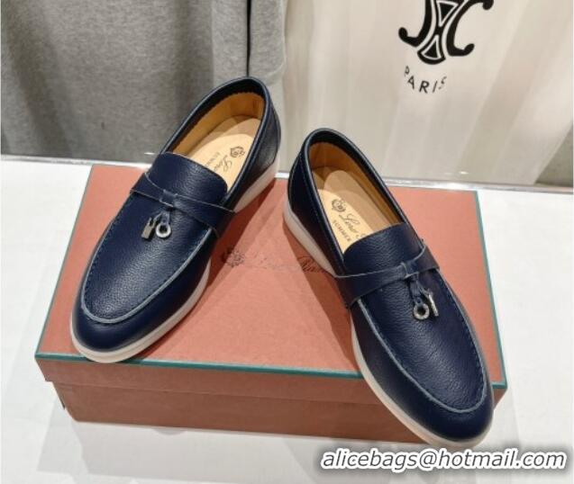 Classic Hot Loro Piana Summer Charm Loafers in Grained Leather Dark Blue 1230033