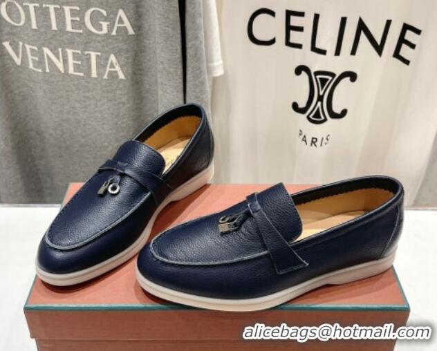 Classic Hot Loro Piana Summer Charm Loafers in Grained Leather Dark Blue 1230033