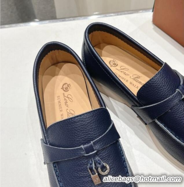 Classic Hot Loro Piana Summer Charm Loafers in Grained Leather Dark Blue 1230033