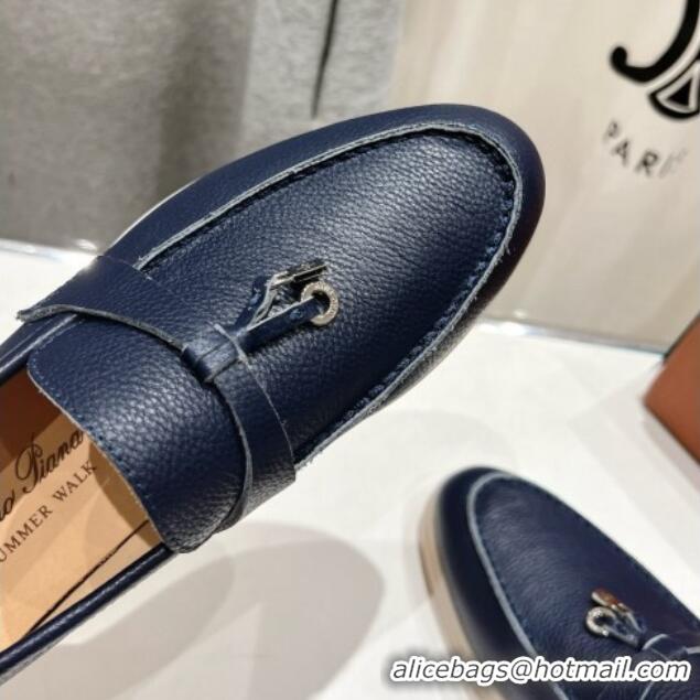 Classic Hot Loro Piana Summer Charm Loafers in Grained Leather Dark Blue 1230033