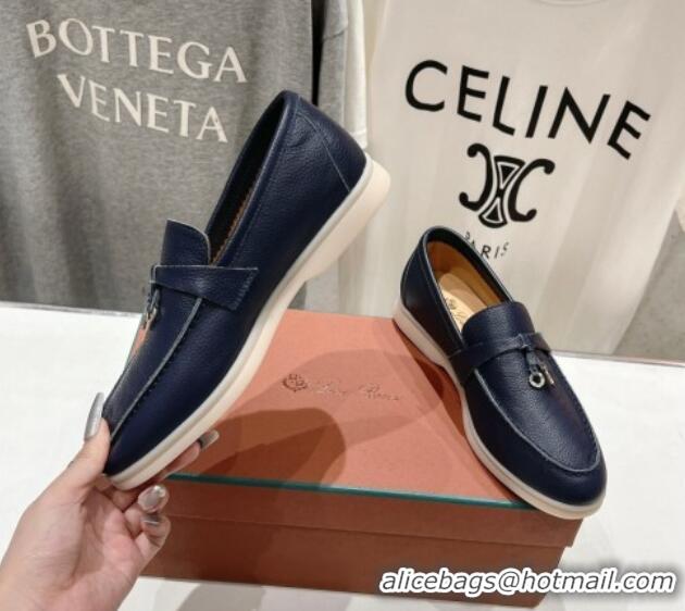 Classic Hot Loro Piana Summer Charm Loafers in Grained Leather Dark Blue 1230033