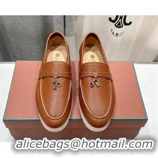 Buy Fashionable Loro Piana Summer Charm Loafers in Grained Leather Tan Brown 1230034