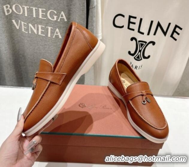 Buy Fashionable Loro Piana Summer Charm Loafers in Grained Leather Tan Brown 1230034