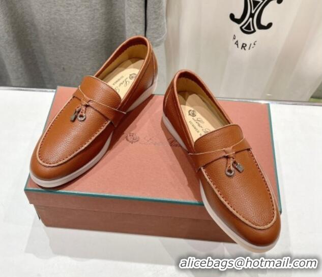 Buy Fashionable Loro Piana Summer Charm Loafers in Grained Leather Tan Brown 1230034