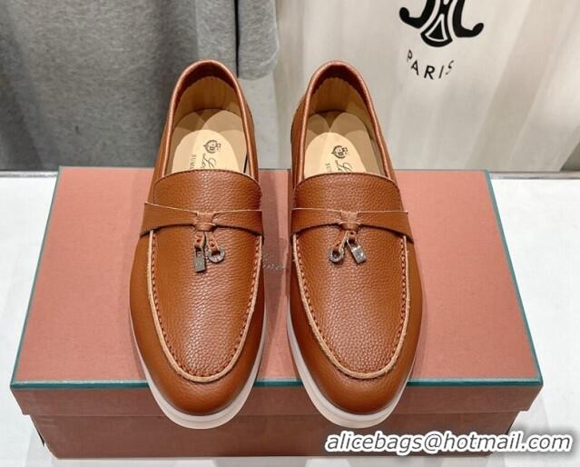 Buy Fashionable Loro Piana Summer Charm Loafers in Grained Leather Tan Brown 1230034