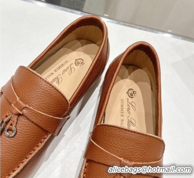 Buy Fashionable Loro Piana Summer Charm Loafers in Grained Leather Tan Brown 1230034