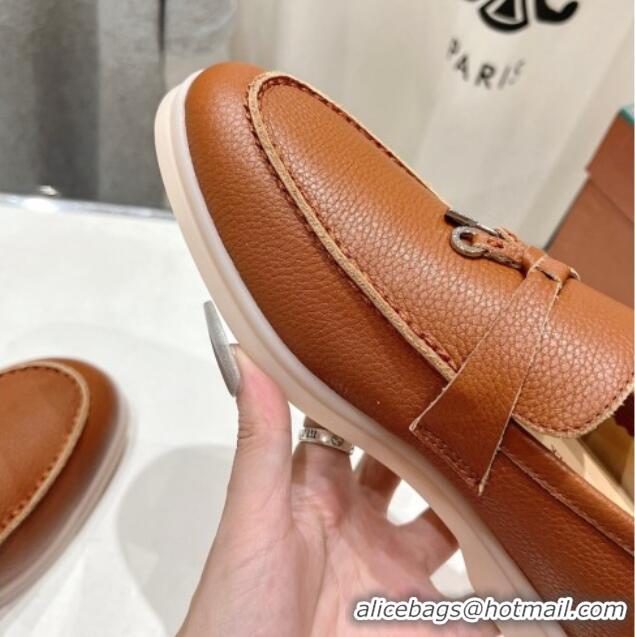 Buy Fashionable Loro Piana Summer Charm Loafers in Grained Leather Tan Brown 1230034