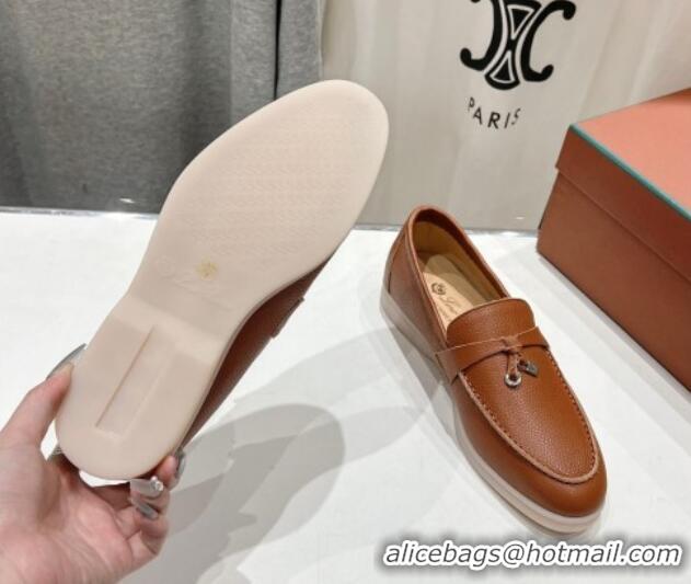 Buy Fashionable Loro Piana Summer Charm Loafers in Grained Leather Tan Brown 1230034