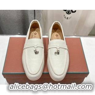 Luxury Cheap Loro Piana Summer Charm Loafers in Grained Leather Ivory White 1230035