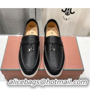 Stylish Loro Piana Summer Charm Loafers in Grained Leather Black 1230036