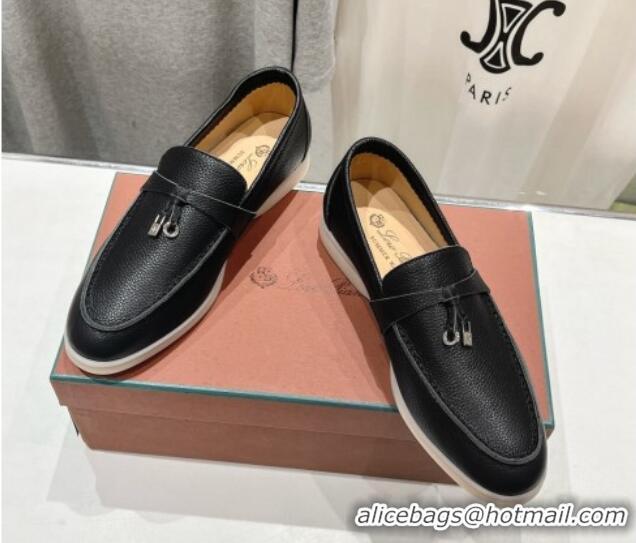 Stylish Loro Piana Summer Charm Loafers in Grained Leather Black 1230036