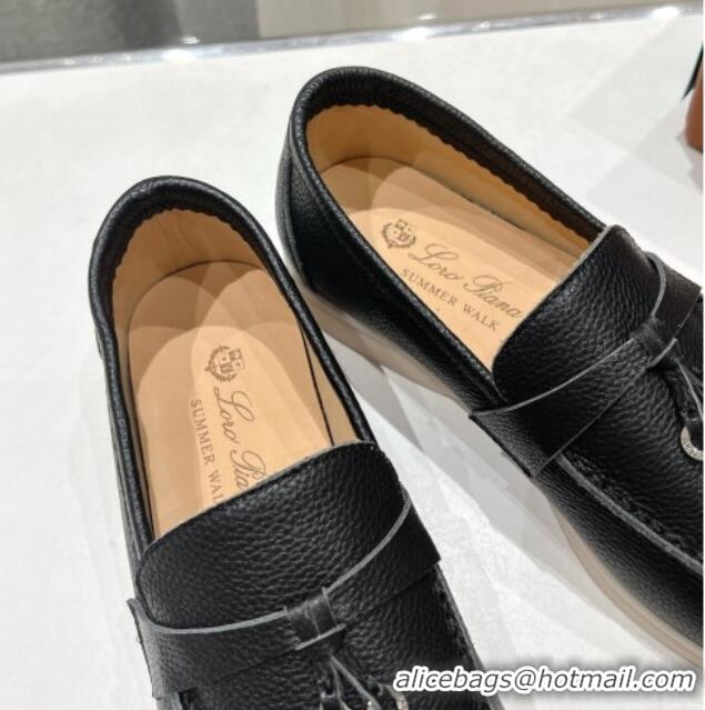 Stylish Loro Piana Summer Charm Loafers in Grained Leather Black 1230036