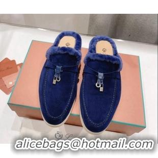 Sophisticated Loro Piana Charms Walk Babouche Loafer Mules in Suede and Wool Royal Blue 1230039