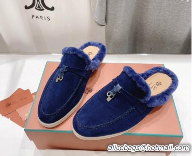 Sophisticated Loro Piana Charms Walk Babouche Loafer Mules in Suede and Wool Royal Blue 1230039