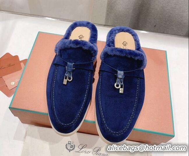 Sophisticated Loro Piana Charms Walk Babouche Loafer Mules in Suede and Wool Royal Blue 1230039