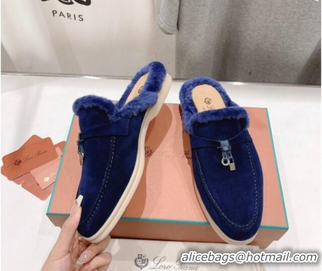 Sophisticated Loro Piana Charms Walk Babouche Loafer Mules in Suede and Wool Royal Blue 1230039