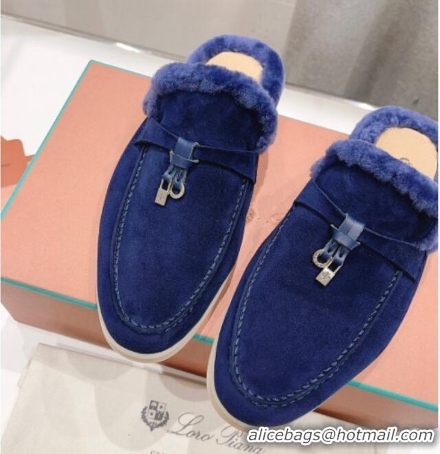 Sophisticated Loro Piana Charms Walk Babouche Loafer Mules in Suede and Wool Royal Blue 1230039