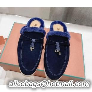 Stylish Loro Piana Charms Walk Babouche Loafer Mules in Suede and Wool Dark Blue 1230041