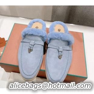 1:1 aaaaa Loro Piana Charms Walk Babouche Loafer Mules in Suede and Wool Light Blue 1230043