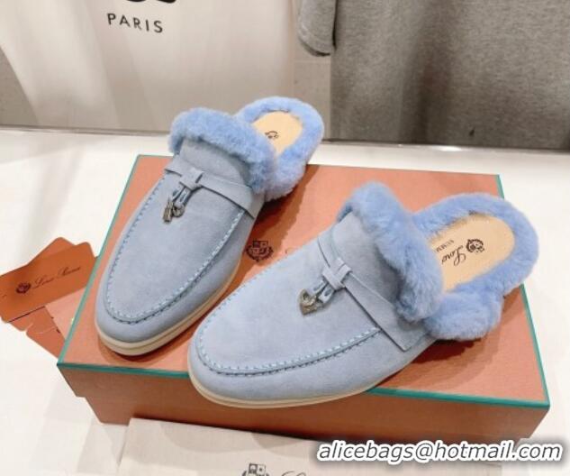 1:1 aaaaa Loro Piana Charms Walk Babouche Loafer Mules in Suede and Wool Light Blue 1230043