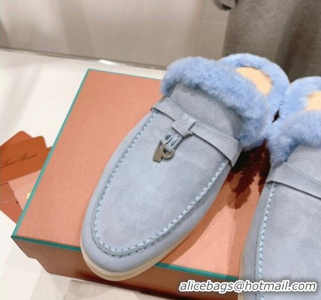 1:1 aaaaa Loro Piana Charms Walk Babouche Loafer Mules in Suede and Wool Light Blue 1230043