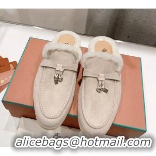 Buy Luxury Loro Piana Charms Walk Babouche Loafer Mules in Suede and Wool Beige 1230046