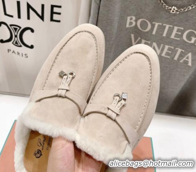 Buy Luxury Loro Piana Charms Walk Babouche Loafer Mules in Suede and Wool Beige 1230046