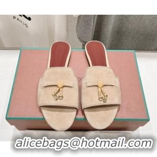 Luxurious Loro Piana Summer Charms Slides Sandal in Suede Beige/Apriot 1230050