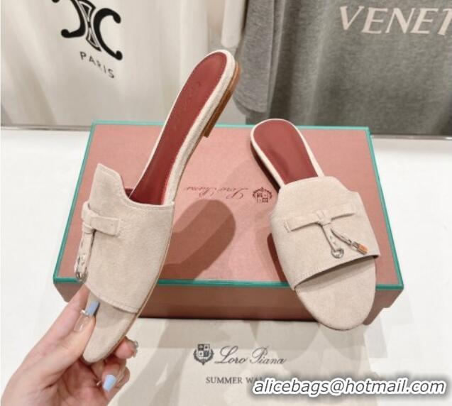 Good Quality Loro Piana Summer Charms Slides Sandal in Suede Light Beige 1230051