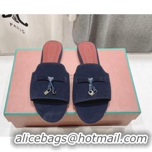 Buy Discount Loro Piana Summer Charms Slides Sandal in Suede Dark Blue 1230055