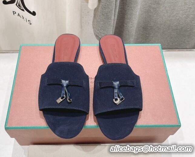 Buy Discount Loro Piana Summer Charms Slides Sandal in Suede Dark Blue 1230055