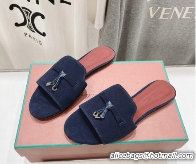 Buy Discount Loro Piana Summer Charms Slides Sandal in Suede Dark Blue 1230055